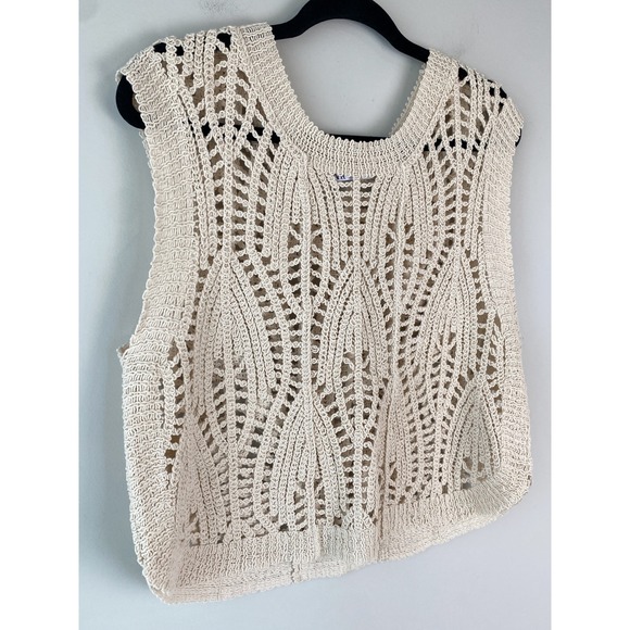 Zara Womens Crochet Crop Tank Top L Cream Vest Coastal Boho Open Knit Festival - Picture 3 of 8